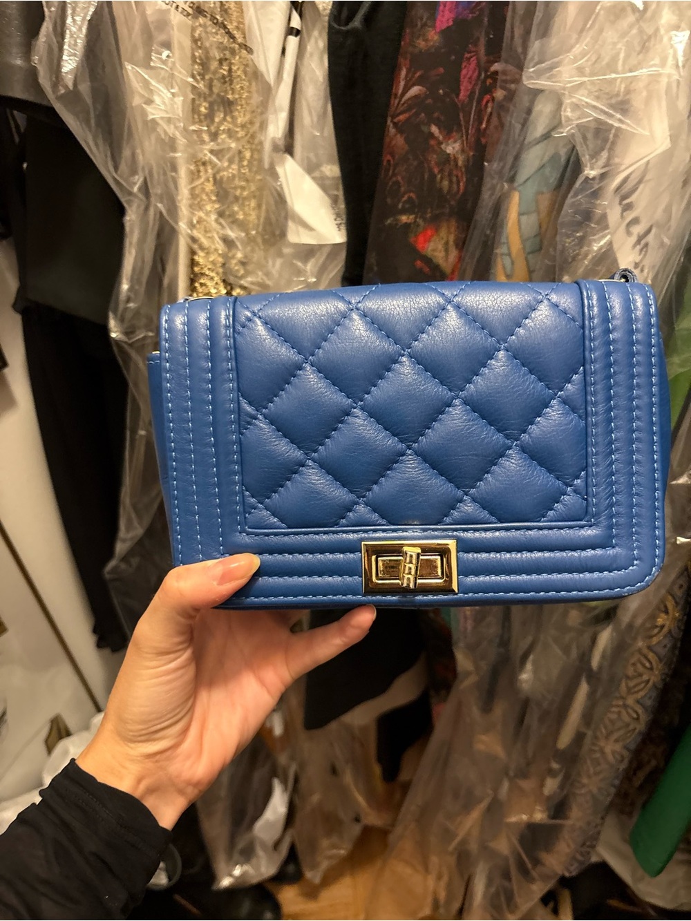 Quilted Blue Leather Crossbody Bag with Gold Turnlock